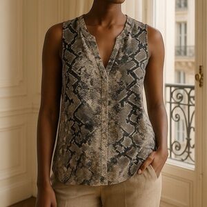 SANCTUARY Reptile Snakeskin Print Concealed Button Down V Neck Sleeveless Blouse